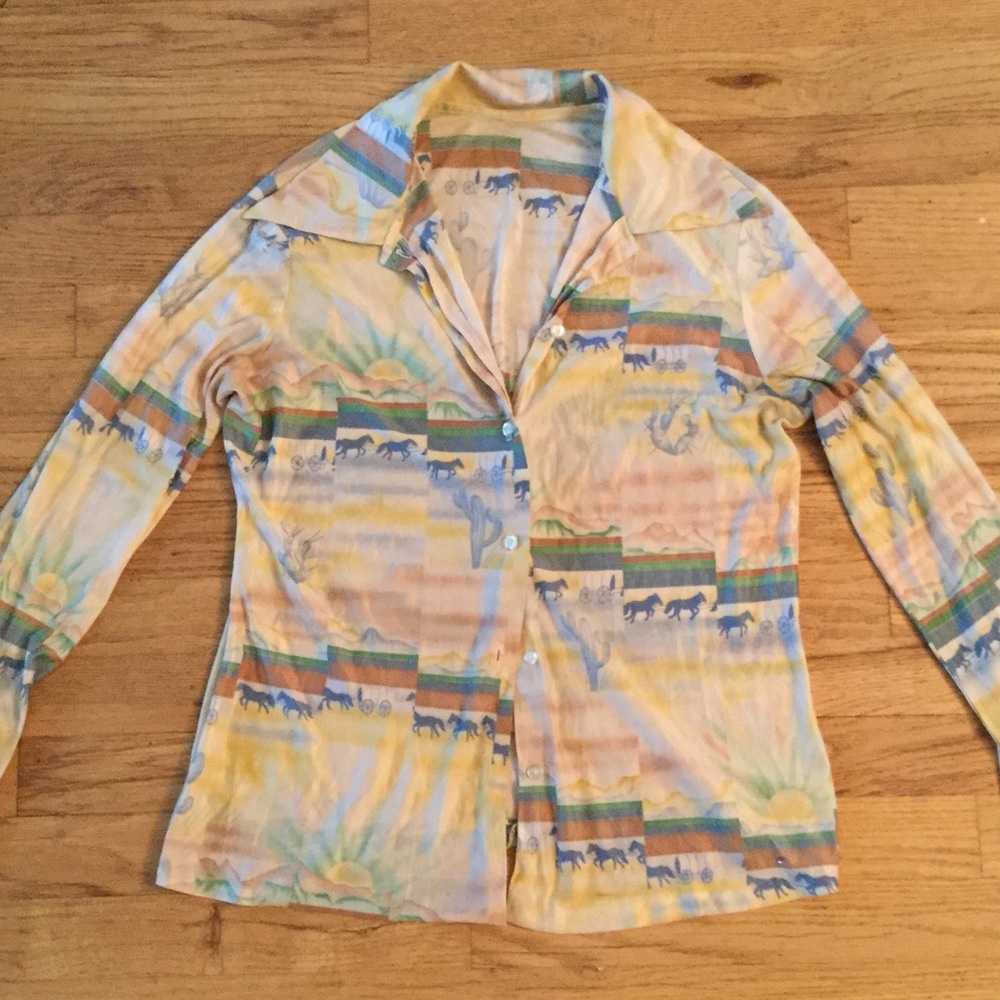 Vintage Pastel Sunrise Print Blouse - Yellow, Blue, Green